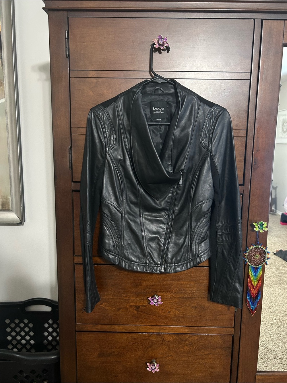 Bebe Authentic Leather Asymmetric Draped Collar Jacket size XS